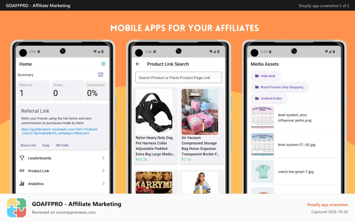 GOAFFPRO ‑ Affiliate Marketing Shopify app screenshot: MOBILE APP FOR YOUR AFFILIATES