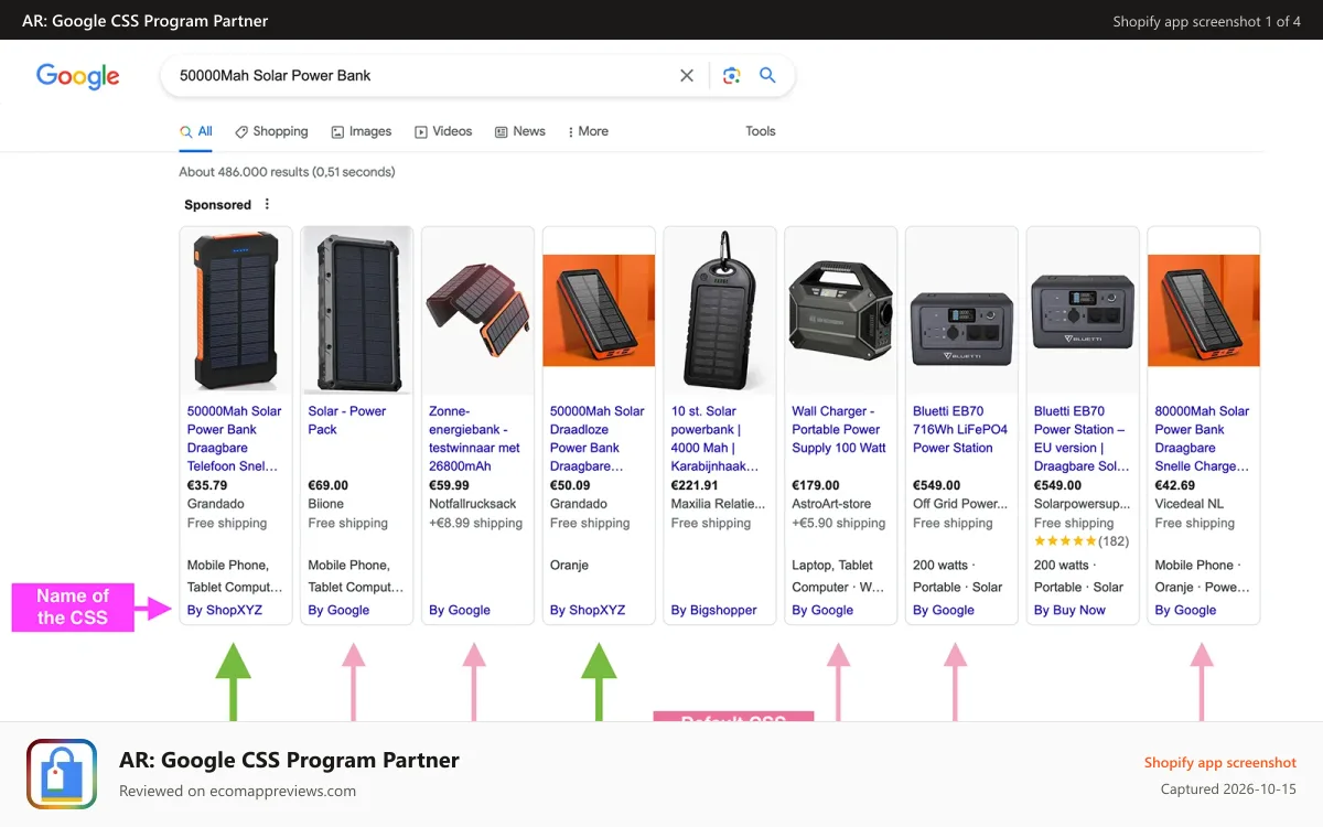 AR: Google CSS Program Partner Shopify app screenshot: By CSS labels in Shopping Ads in Europe