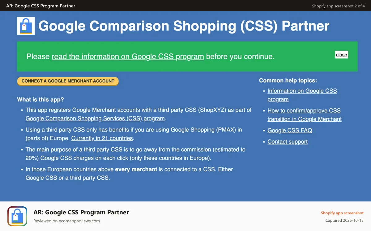 AR: Google CSS Program Partner Shopify app screenshot: Simple interface