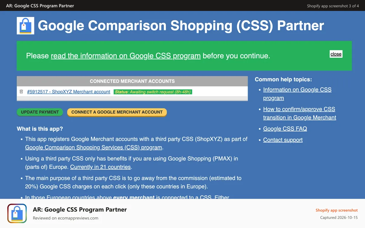 AR: Google CSS Program Partner Shopify app screenshot: Register to the ShopXYZ CSS within 3 clicks
