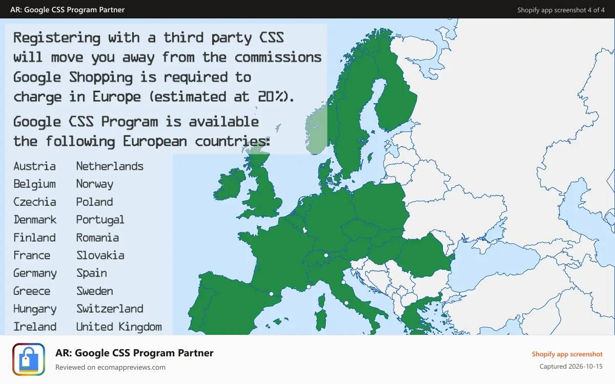 AR: Google CSS Program Partner Shopify app screenshot: Google CSS Program is available in 21 European countries
