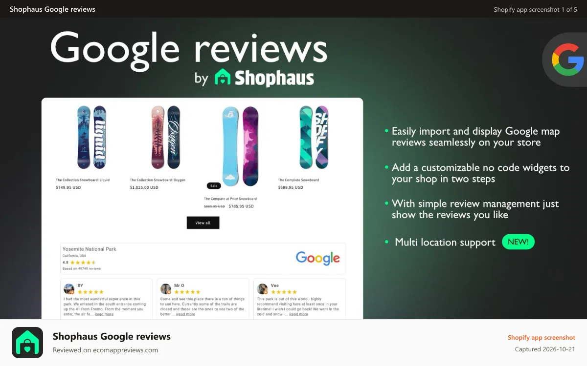 Shophaus Google reviews Shopify app screenshot: Import and display Google reviews seamlessly on your store