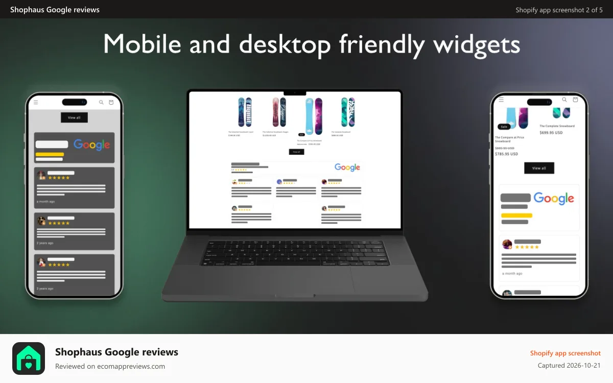 Shophaus Google reviews Shopify app screenshot: Mobile and desktop friendly widgets by shophaus