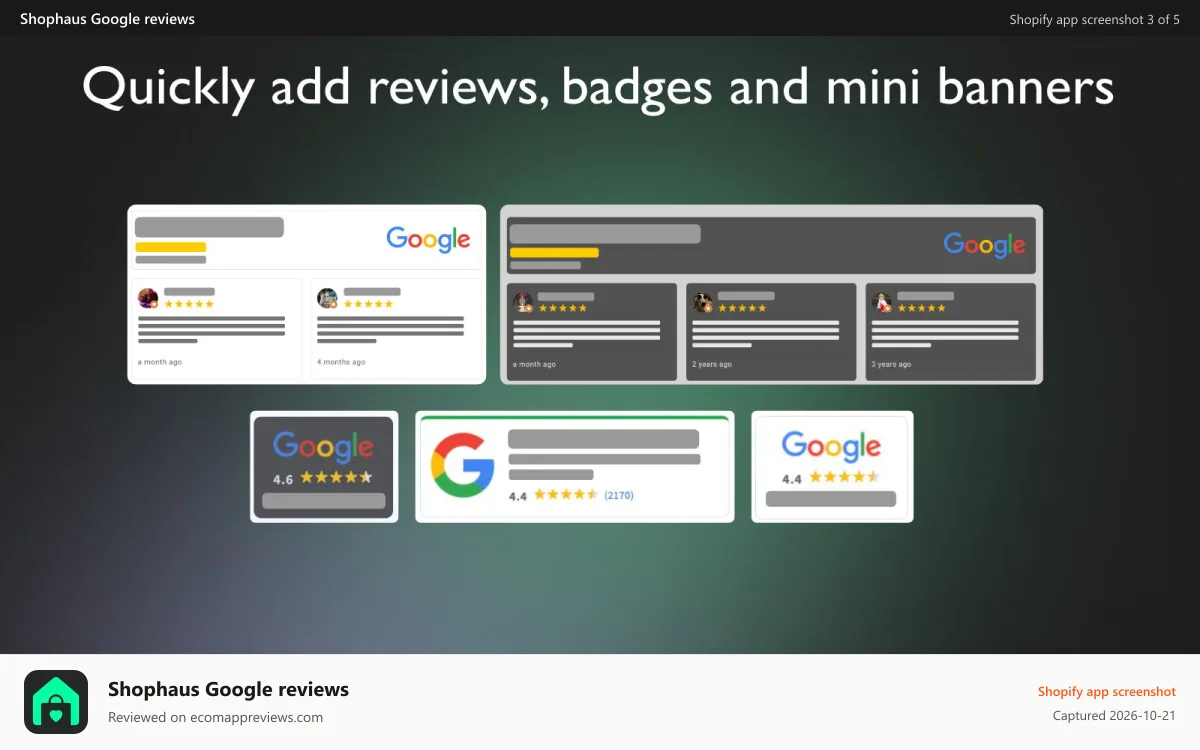 Shophaus Google reviews Shopify app screenshot: Quickly add review, badges and mini banners widgets by shophaus