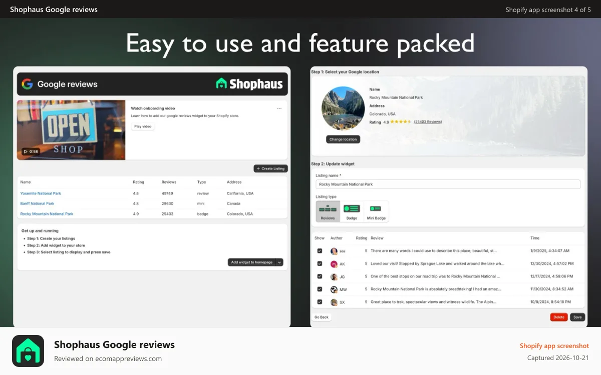 Shophaus Google reviews Shopify app screenshot: Easy to manage and approve reviews to be displayed