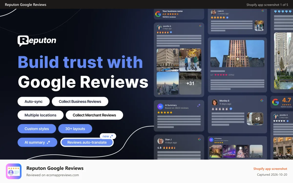 Reputon Google Reviews Shopify app screenshot: Google Reviews for Shopify