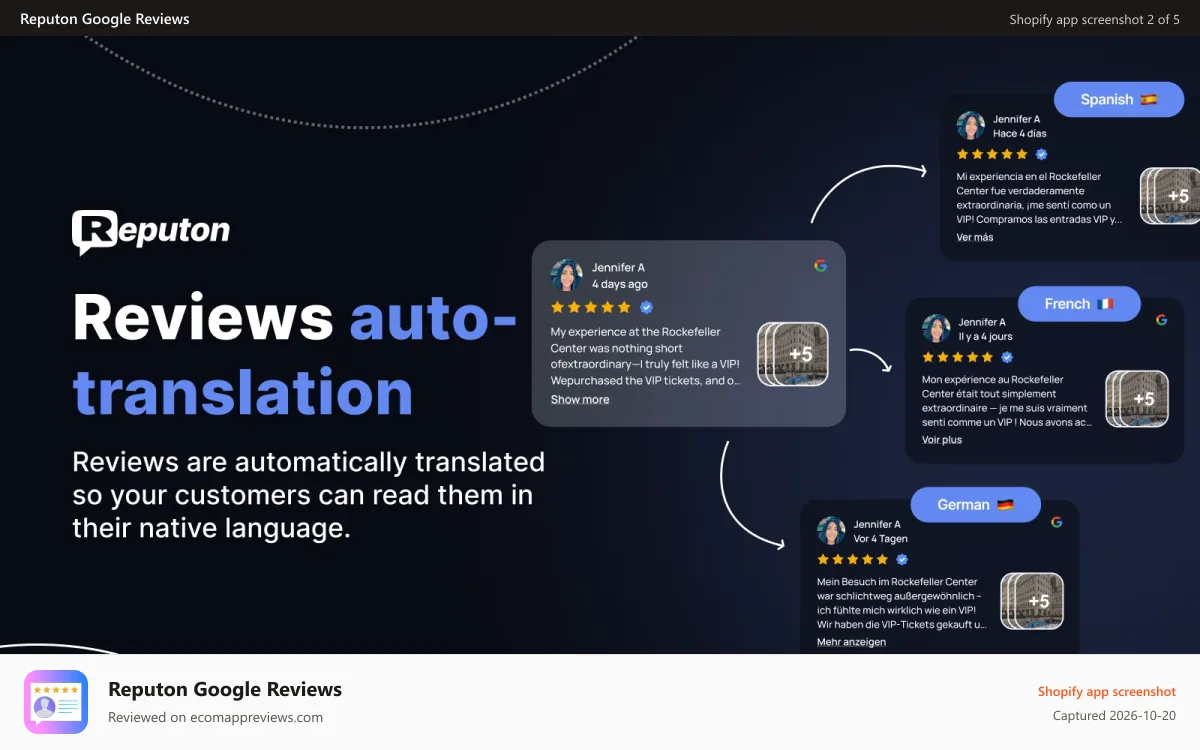 Reputon Google Reviews Shopify app screenshot: Shopify Google reviews auto translate