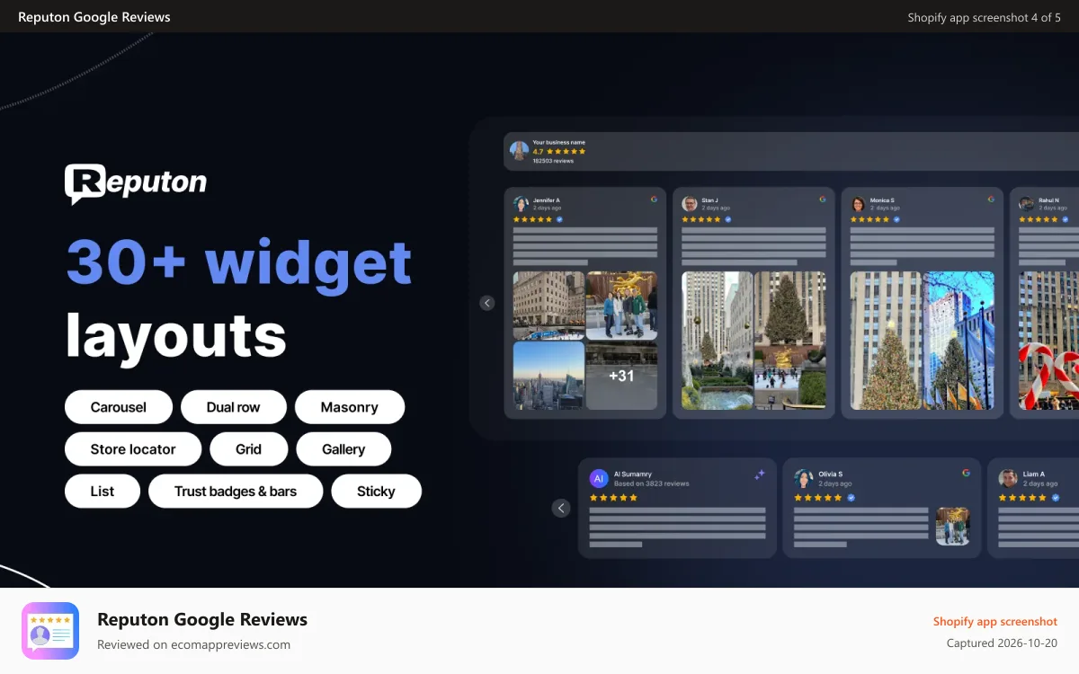 Reputon Google Reviews Shopify app screenshot: Collect Google reviews 30+ widgets