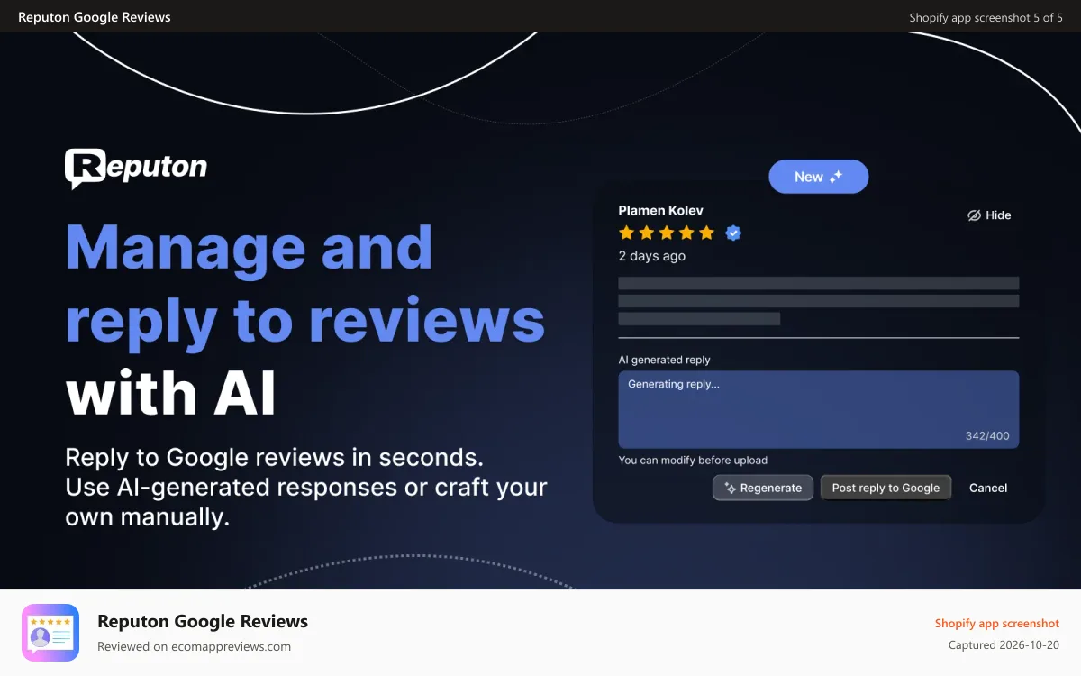 Reputon Google Reviews Shopify app screenshot: Shopify Google reviews AI reply