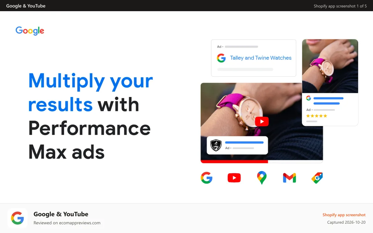 Google & YouTube Shopify app screenshot: Examples of Performance Max Ads formats