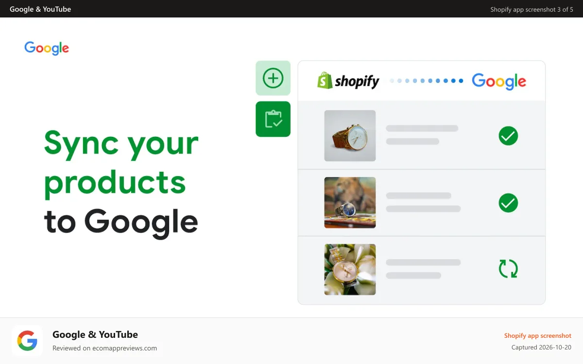 Google & YouTube Shopify app screenshot: Example of syncing your products from Shopify to Google