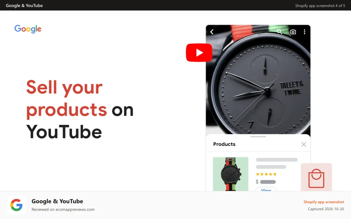 Google & YouTube Shopify app screenshot: Example of YouTube Shopping experience for a connected store