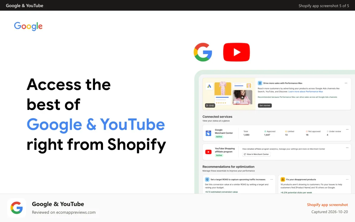 Google & YouTube Shopify app screenshot: App screenshot - access the best of Google right from Shopify