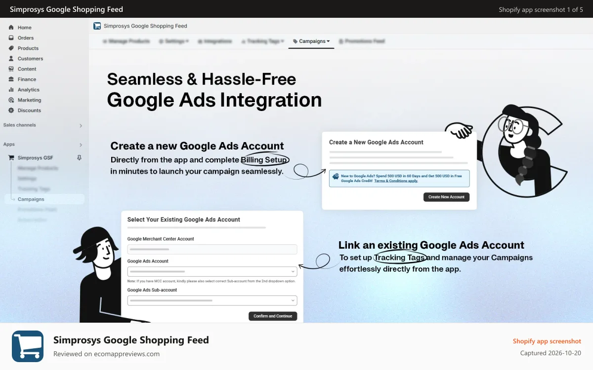 Simprosys Google Shopping Feed Shopify app screenshot: Seamless Integrations for Google Ads, Meta Ads & Microsoft Ads