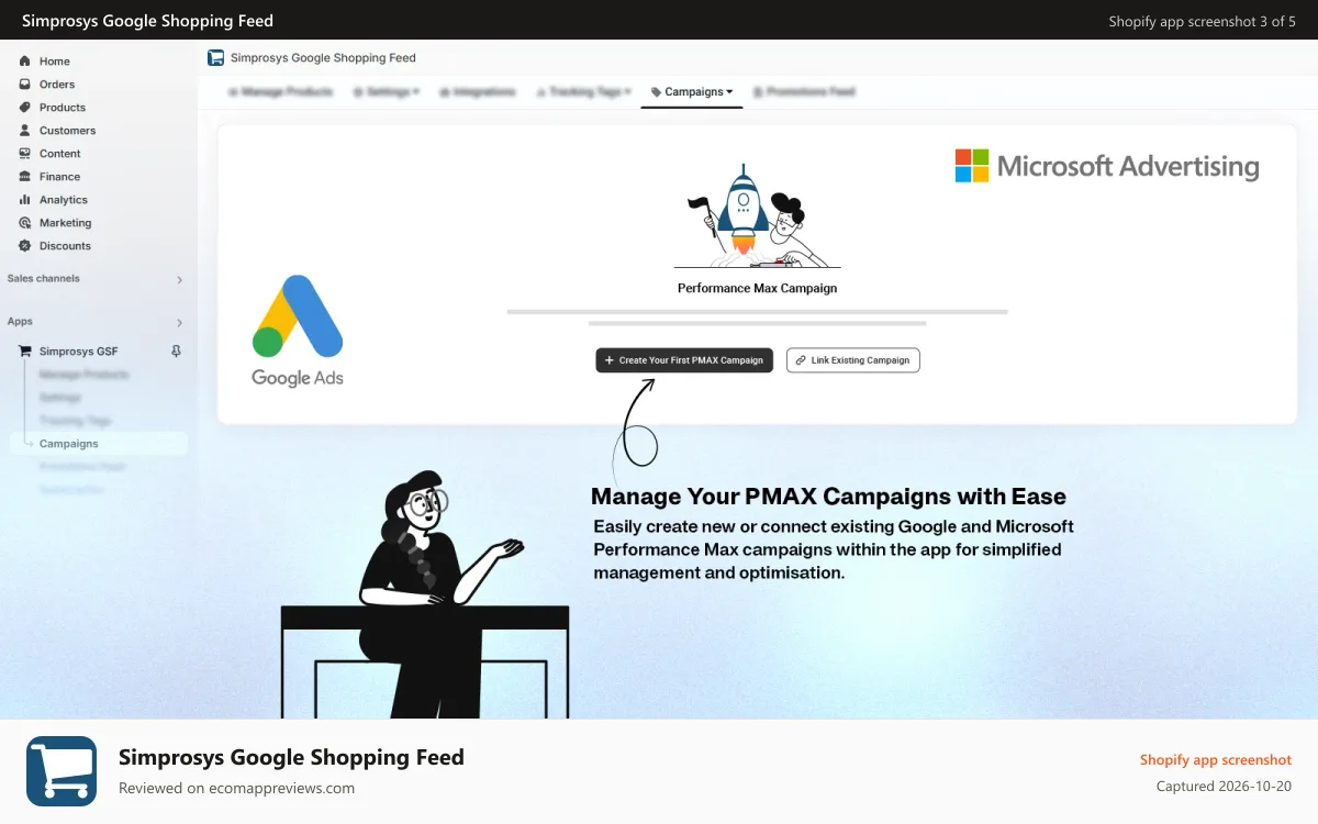 Simprosys Google Shopping Feed Shopify app screenshot: Create & Manage Performance Max Campaigns for Google & Microsoft