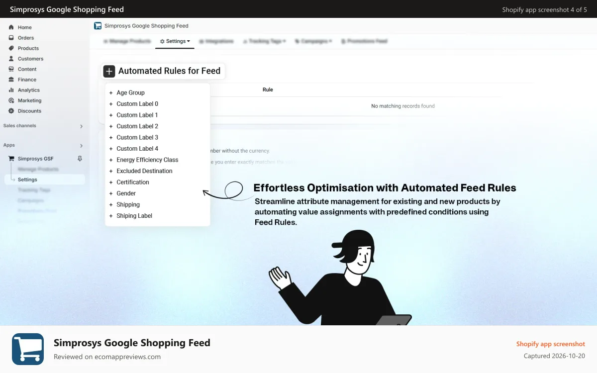 Simprosys Google Shopping Feed Shopify app screenshot: Automated FeedRules to Optimise Product Feed automatically.