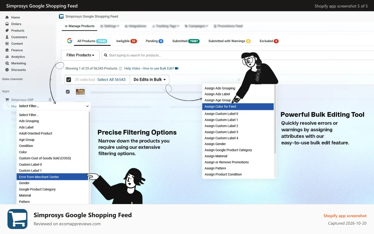 Simprosys Google Shopping Feed Shopify app screenshot: Robust Filtering & Bulk Editing Options to resolve Item Issues