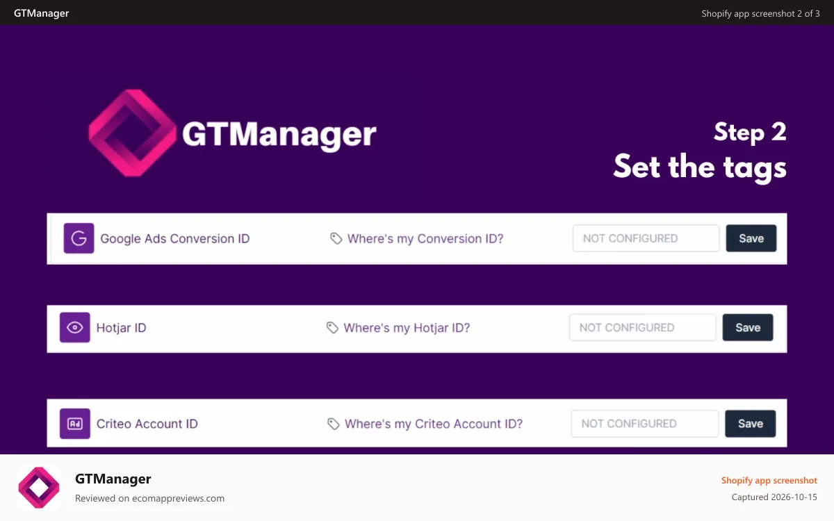 GTManager Shopify app screenshot: Add Your Tracking Tags