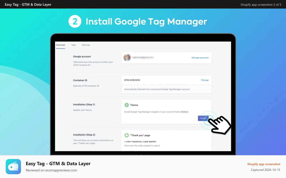 Easy Tag ‑ GTM & Data Layer Shopify app screenshot: Easy Tag - Install Google Tag Manager