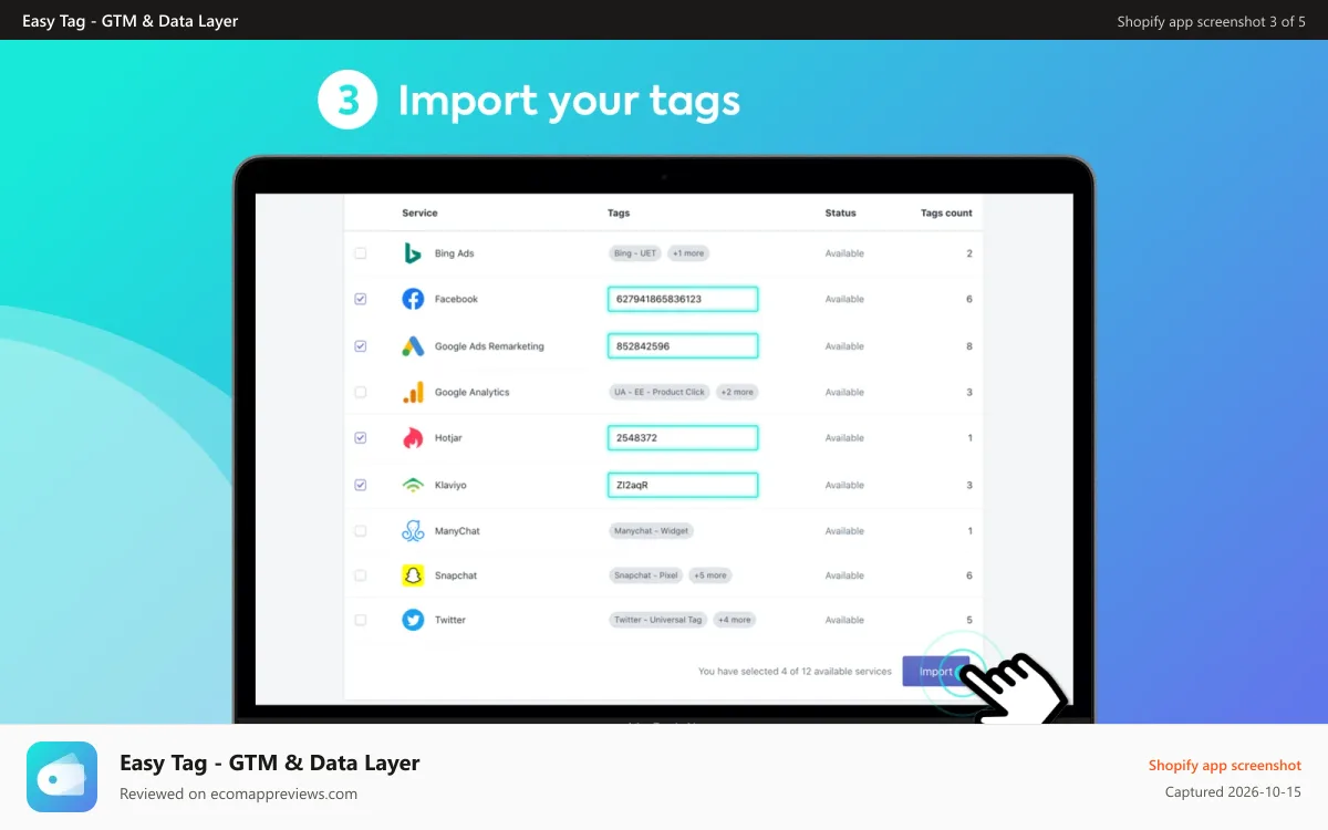 Easy Tag ‑ GTM & Data Layer Shopify app screenshot: Easy Tag - Import your tags