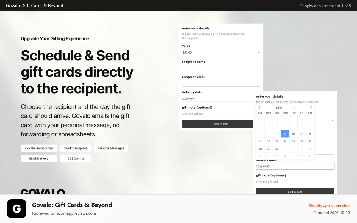 Govalo: Gift Cards & Beyond Shopify app screenshot: Reinventing the digital gift experience with Govalo modal