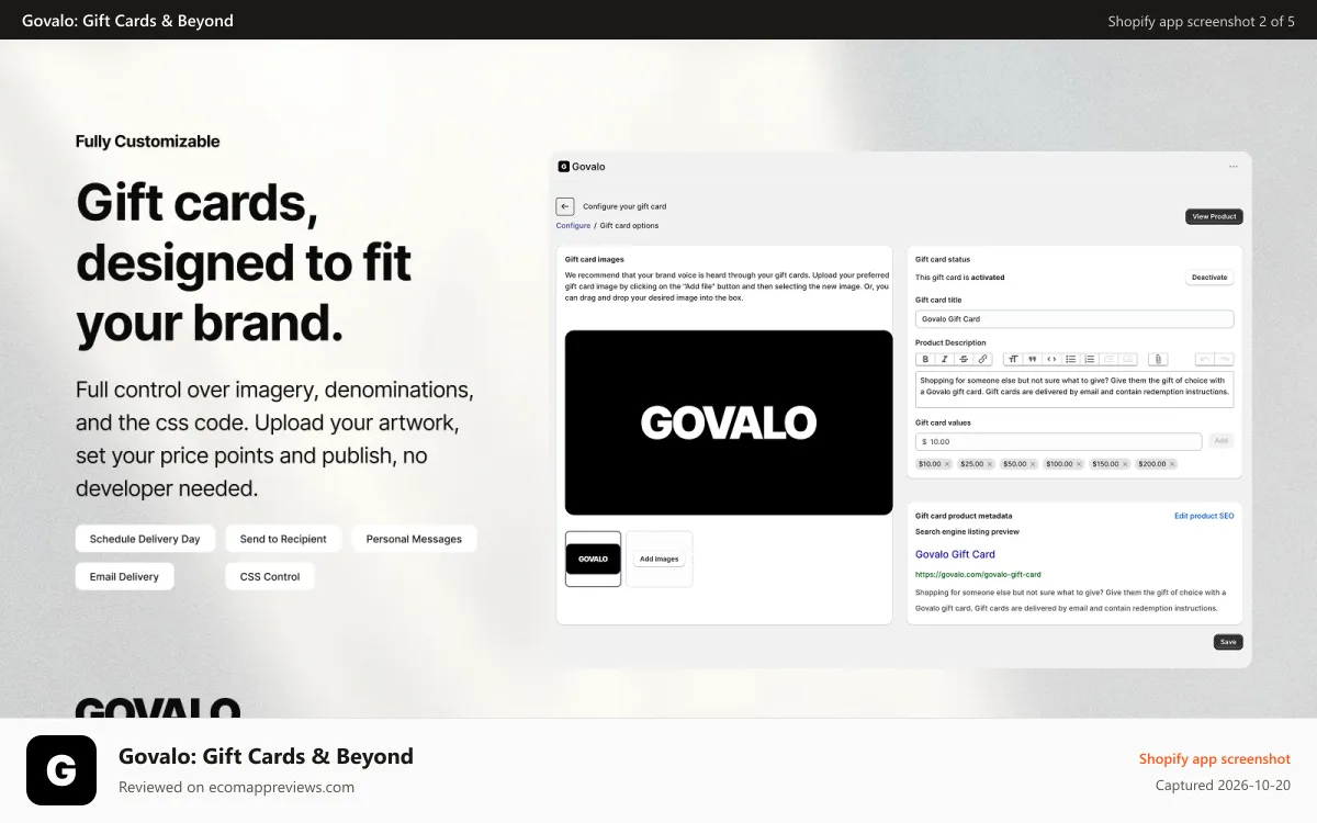 Govalo: Gift Cards & Beyond Shopify app screenshot: Custom designed gift cards css