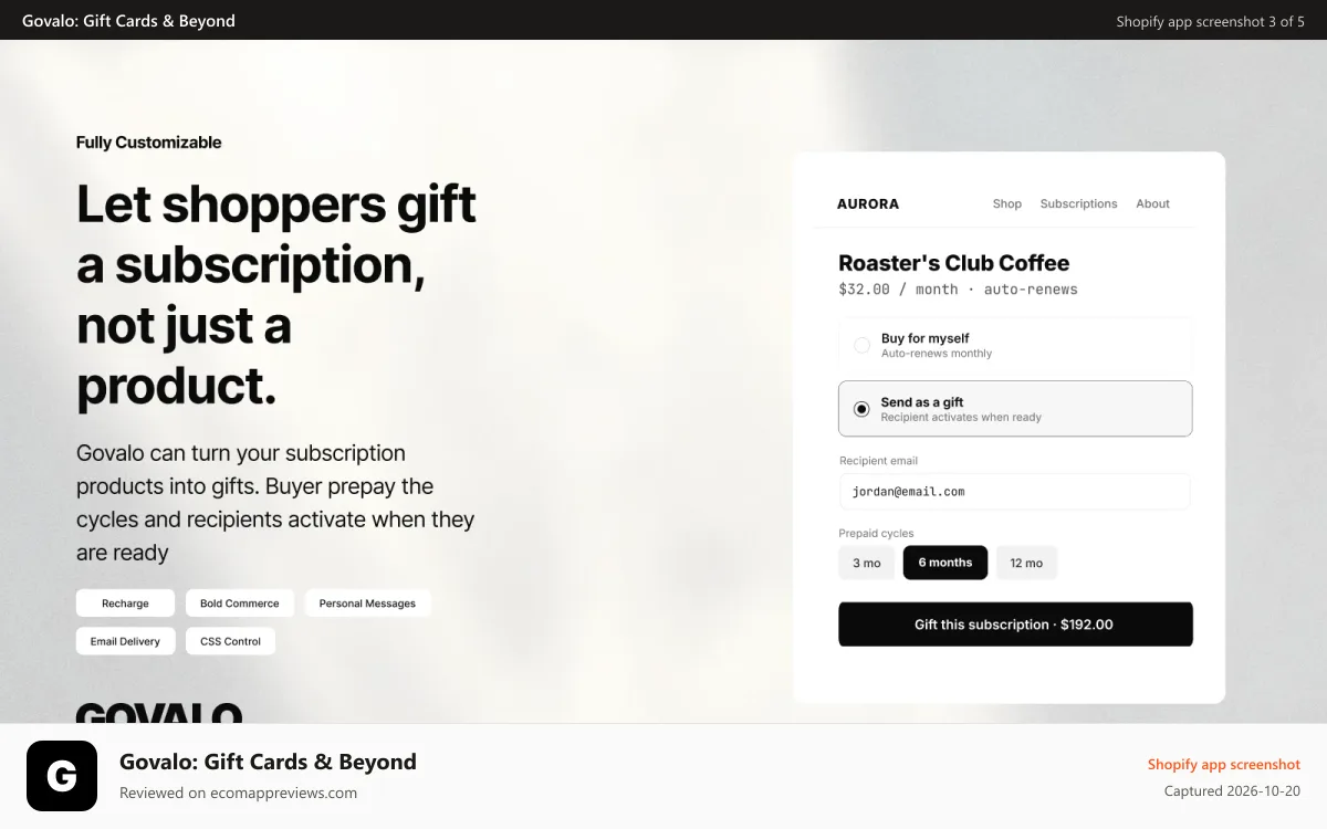 Govalo: Gift Cards & Beyond Shopify app screenshot: Subscription gifting