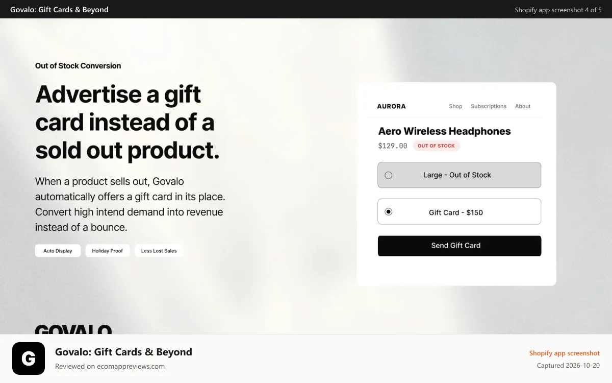 Govalo: Gift Cards & Beyond Shopify app screenshot: Out of stock conversion gift cards