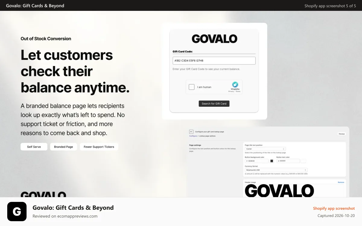 Govalo: Gift Cards & Beyond Shopify app screenshot: Gift Card balance lookup page