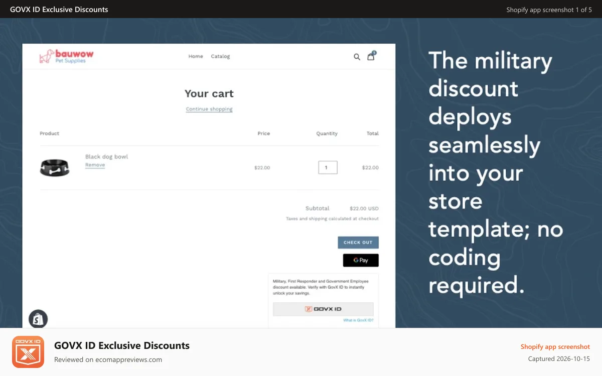 GOVX ID Exclusive Discounts Shopify app screenshot: Military offer at checkout