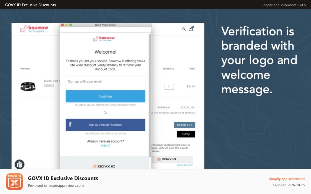 GOVX ID Exclusive Discounts Shopify app screenshot: Log in to verify
