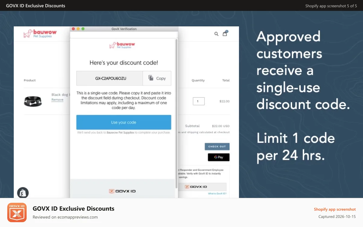 GOVX ID Exclusive Discounts Shopify app screenshot: Discount code