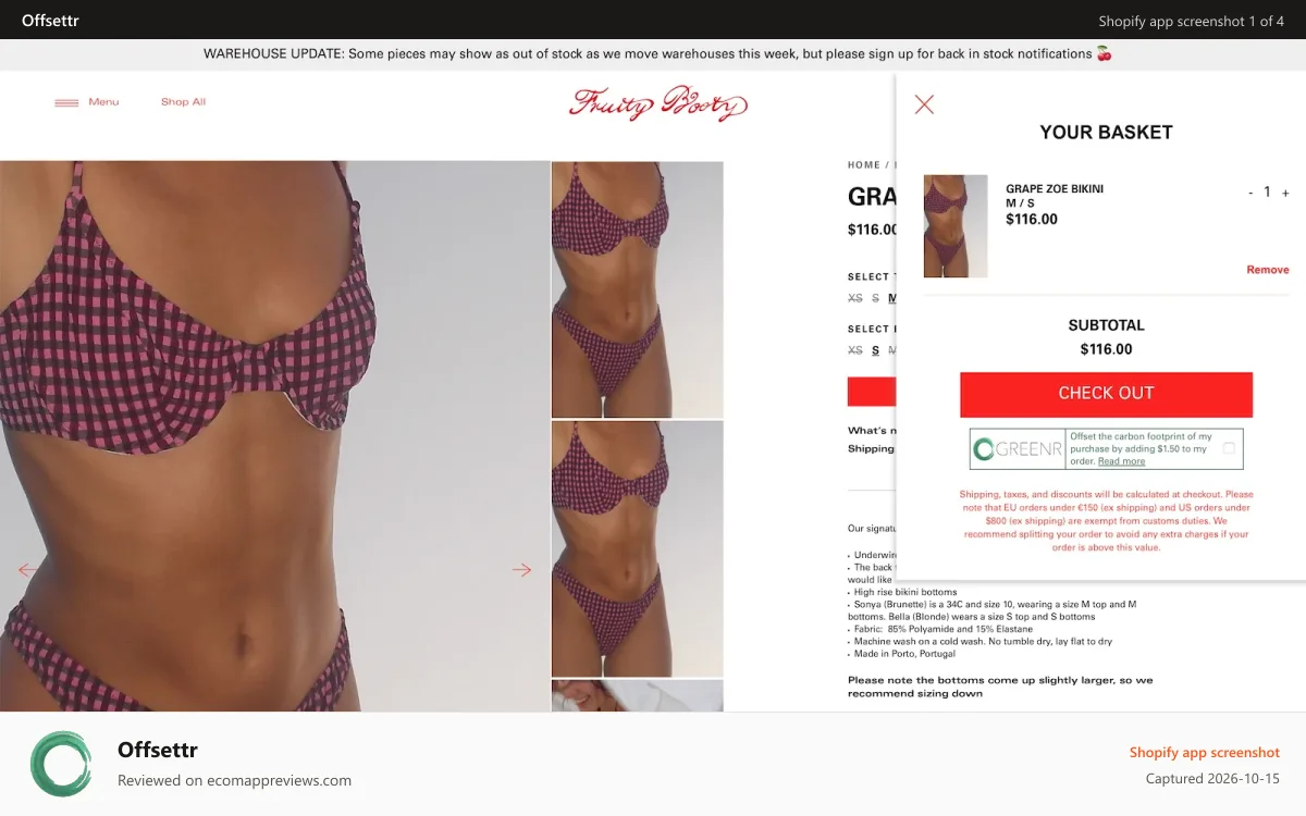 Offsettr Shopify app screenshot: Example of Greenr cart