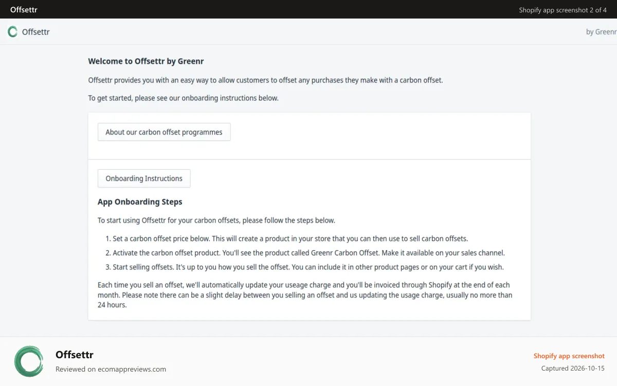 Offsettr Shopify app screenshot: Onboarding and set up