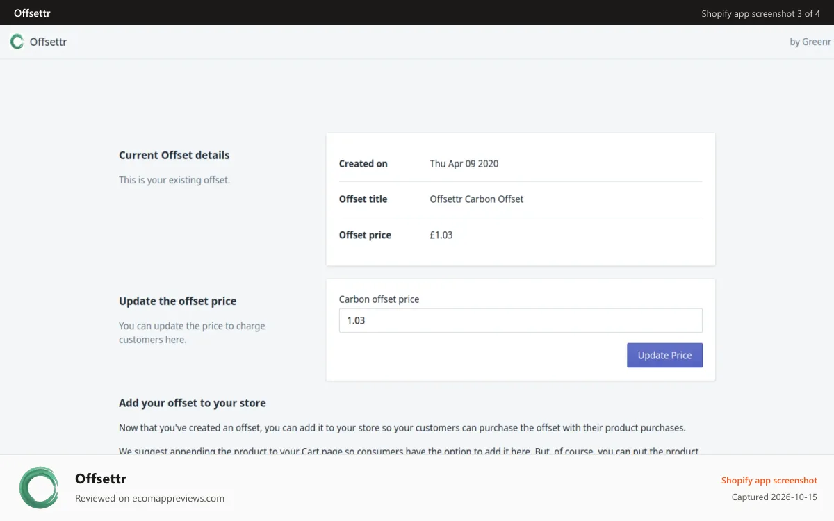 Offsettr Shopify app screenshot: View and update the offset