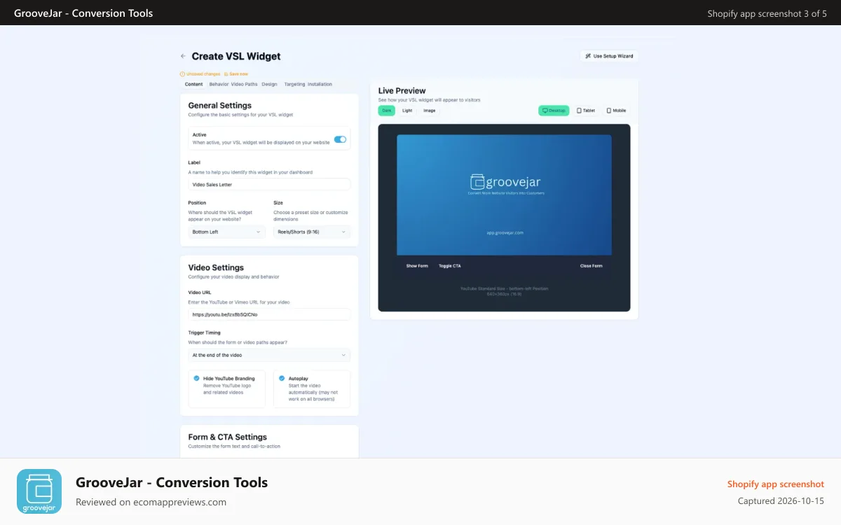 GrooveJar ‑ Conversion Tools Shopify app screenshot: Groove VSL