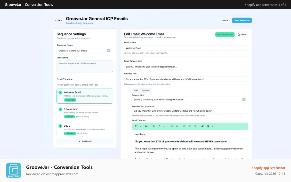 GrooveJar ‑ Conversion Tools Shopify app screenshot: Collect and Convert