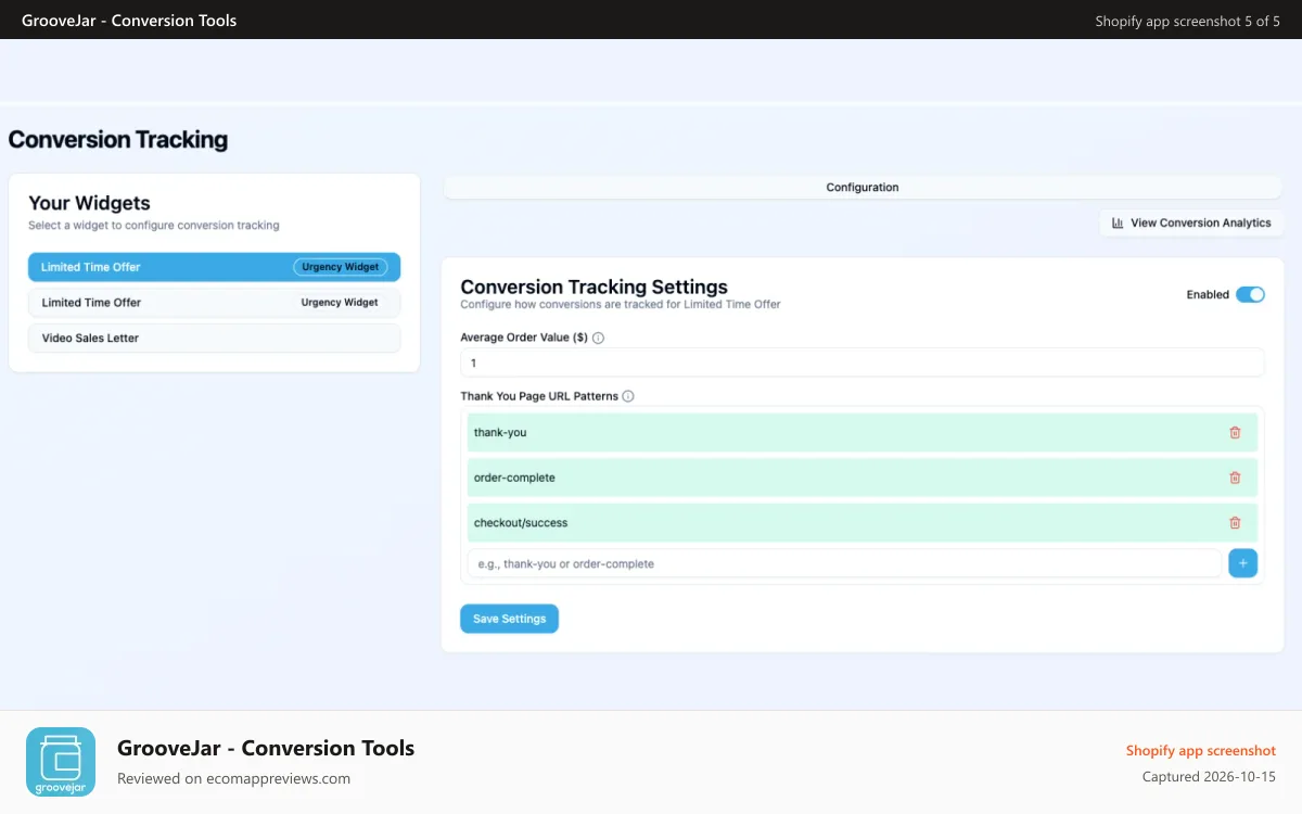GrooveJar ‑ Conversion Tools Shopify app screenshot: Conversion Tracking
