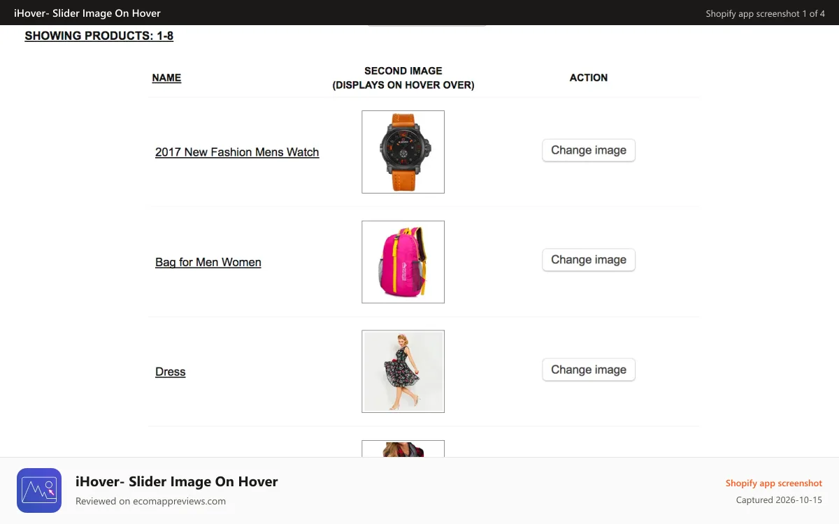 iHover‑ Slider Image On Hover Shopify app screenshot: Control panel: List of products with images selected for hover