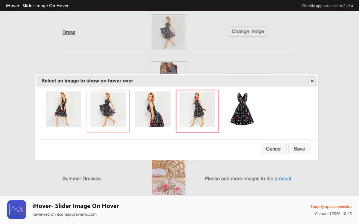 iHover‑ Slider Image On Hover Shopify app screenshot: Control Panel: Selecting an image for hover effect