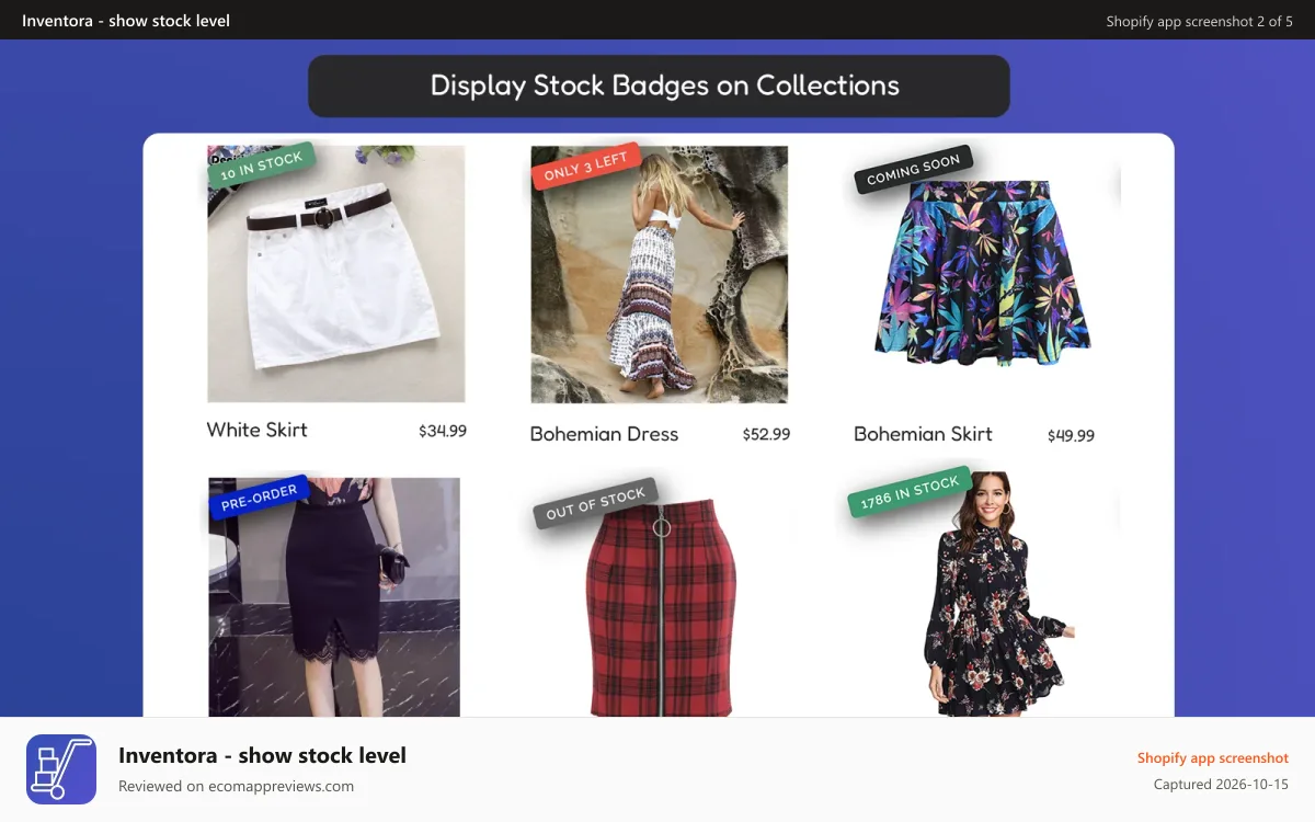 Inventora ‑ show stock level Shopify app screenshot: Badges on the collection page