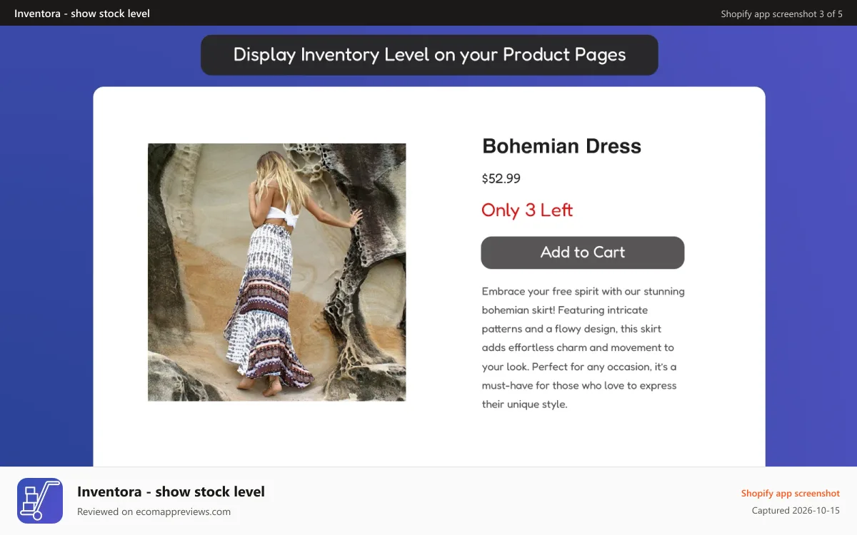 Inventora ‑ show stock level Shopify app screenshot: Stock level info on the product page