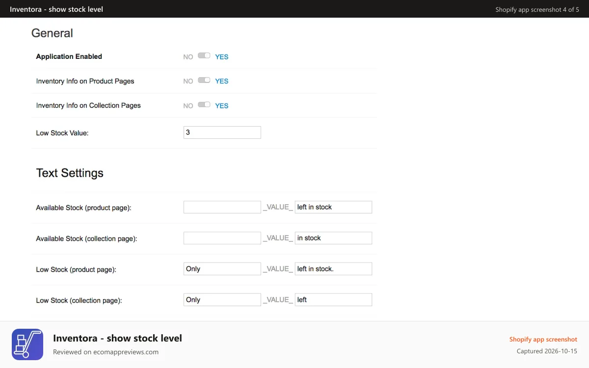 Inventora ‑ show stock level Shopify app screenshot: Administration panel