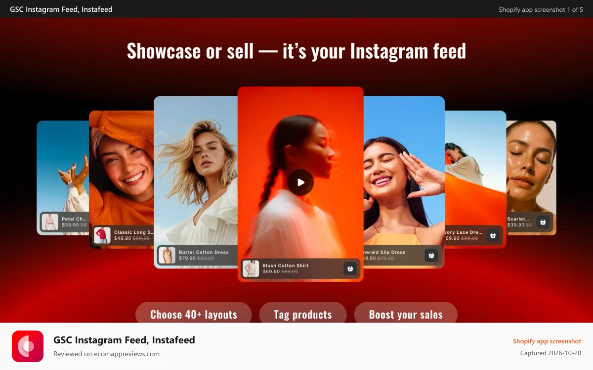 GSC Instagram Feed, Instafeed Shopify app screenshot: Instagram Feed: shopping feed with shoppable reels and posts