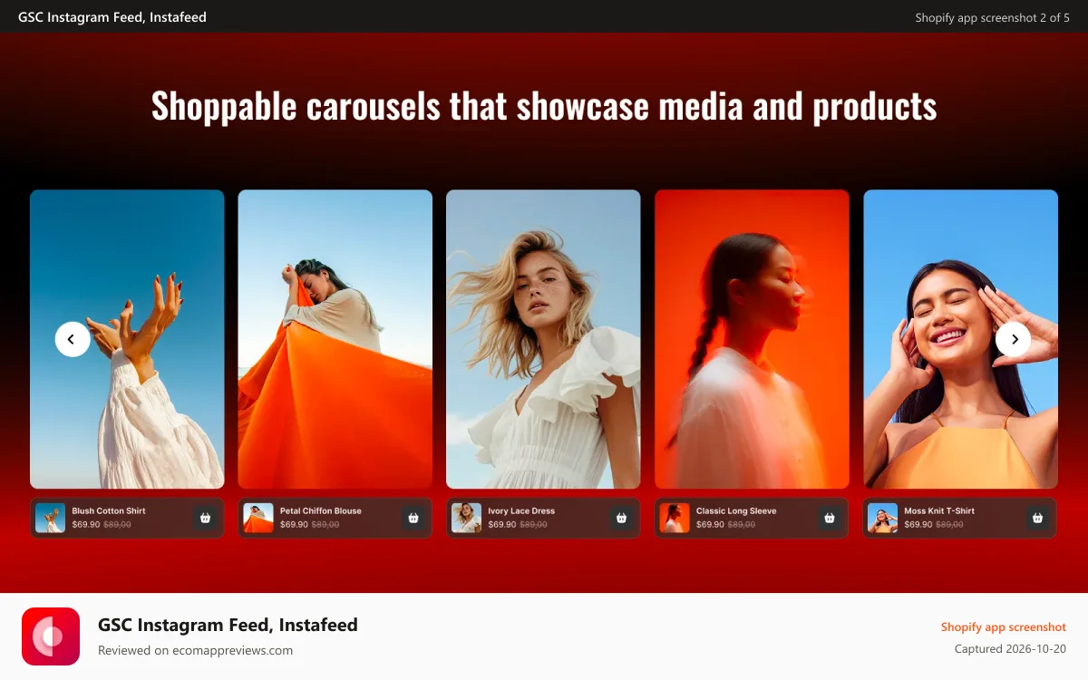 GSC Instagram Feed, Instafeed Shopify app screenshot: Shoppable carousels that showcase media and products