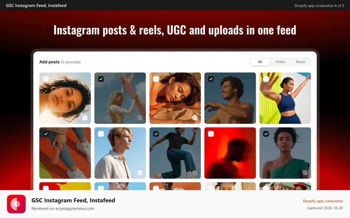 GSC Instagram Feed, Instafeed Shopify app screenshot: Instagram posts & reels, UGC and uploads in one feed