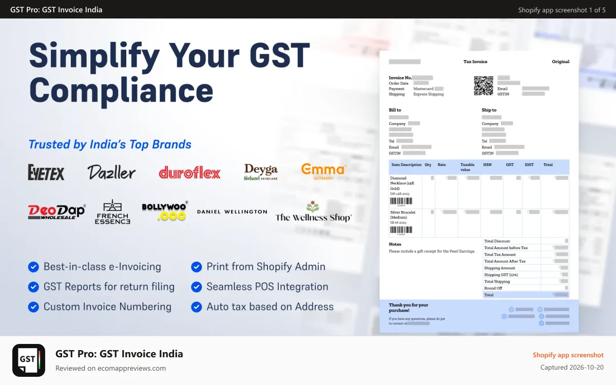 GST Pro: GST Invoice India Shopify app screenshot: GST Invoice, Reports, GSTR1, GSTR 3b