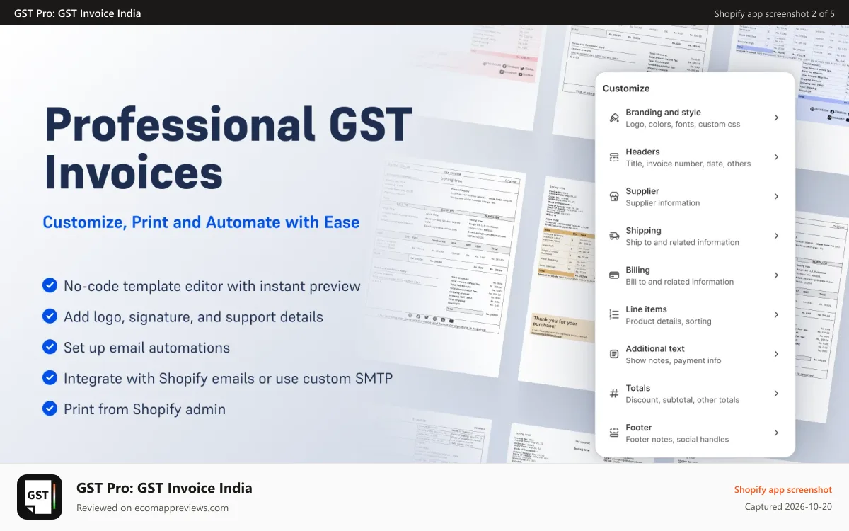 GST Pro: GST Invoice India Shopify app screenshot: GST Invoices Customize, Print, Email