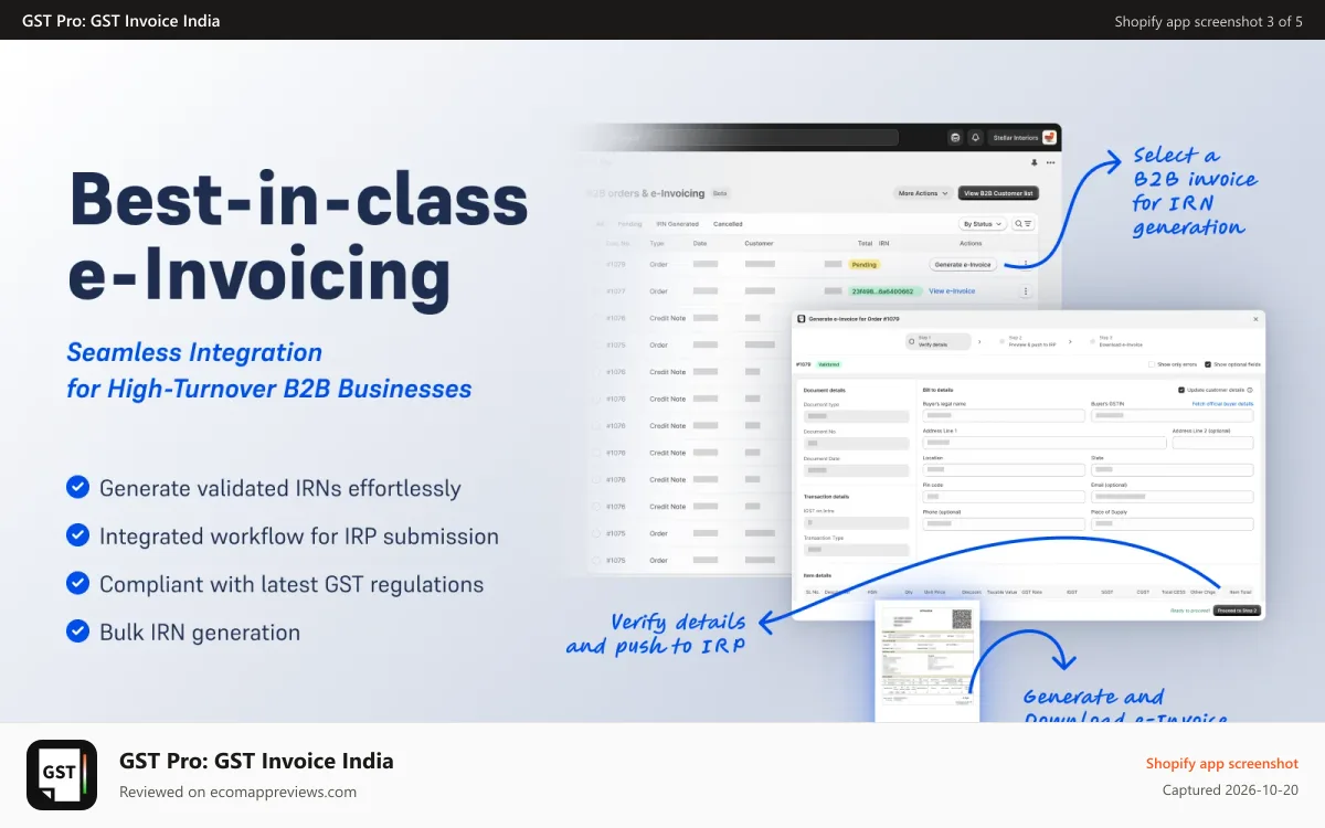 GST Pro: GST Invoice India Shopify app screenshot: E Invoice, IGST, CGST and SGST as well as GST and HSN