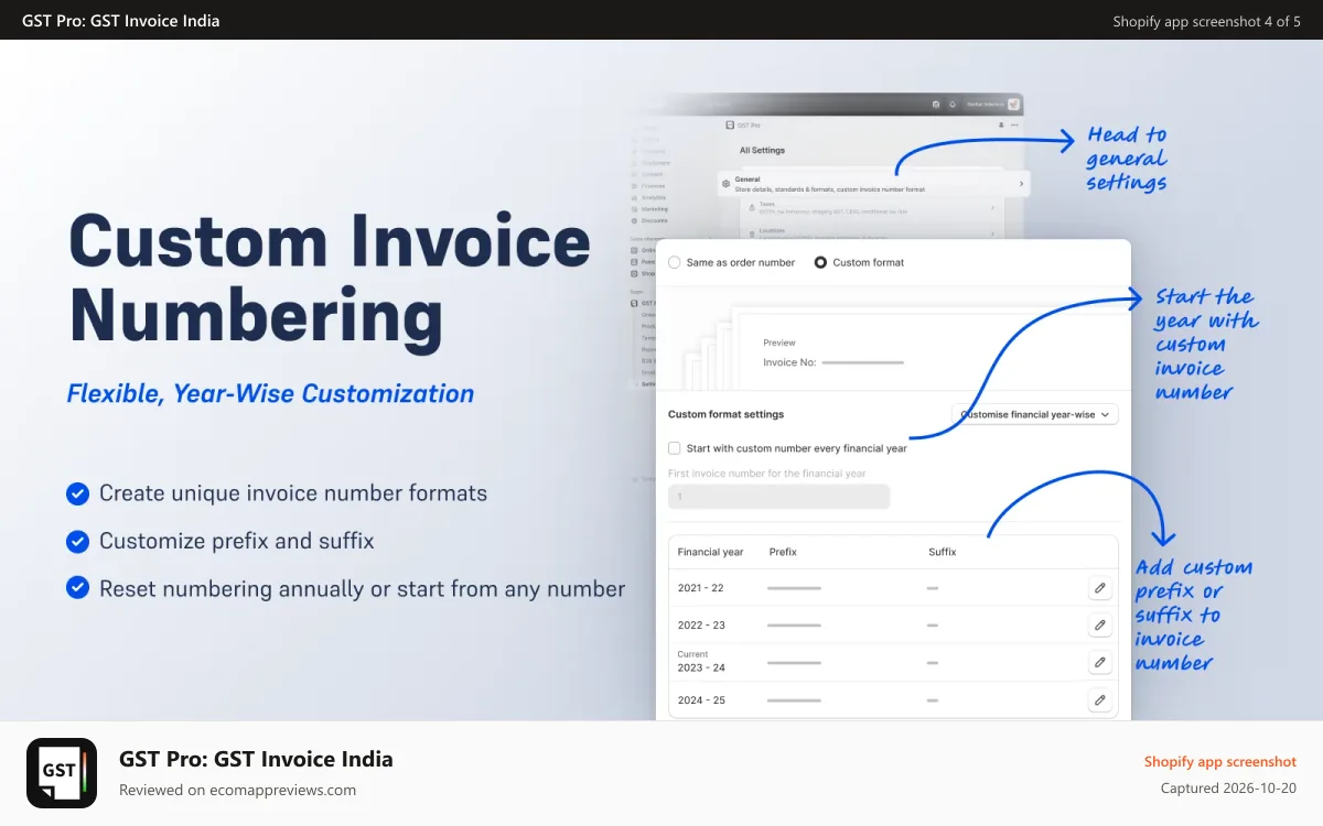 GST Pro: GST Invoice India Shopify app screenshot: Customise Invoice Number, Auto calculate IGST, CGST and SGST